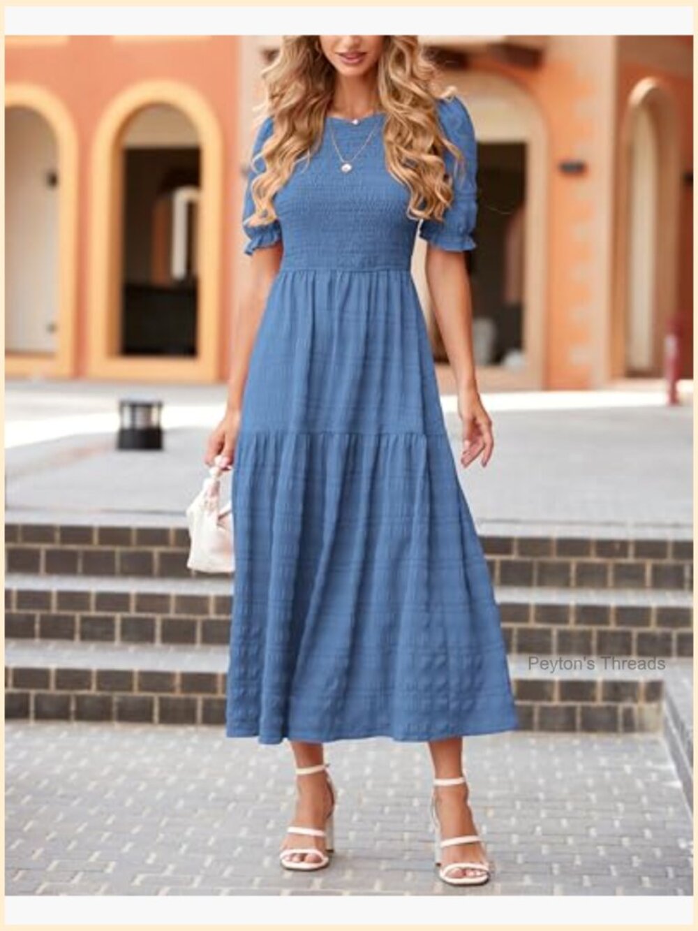 Smocked Puff Sleeve Tiered Maxi Dress Crewneck Ruffle Boho Sundress - Picture 2 of 7